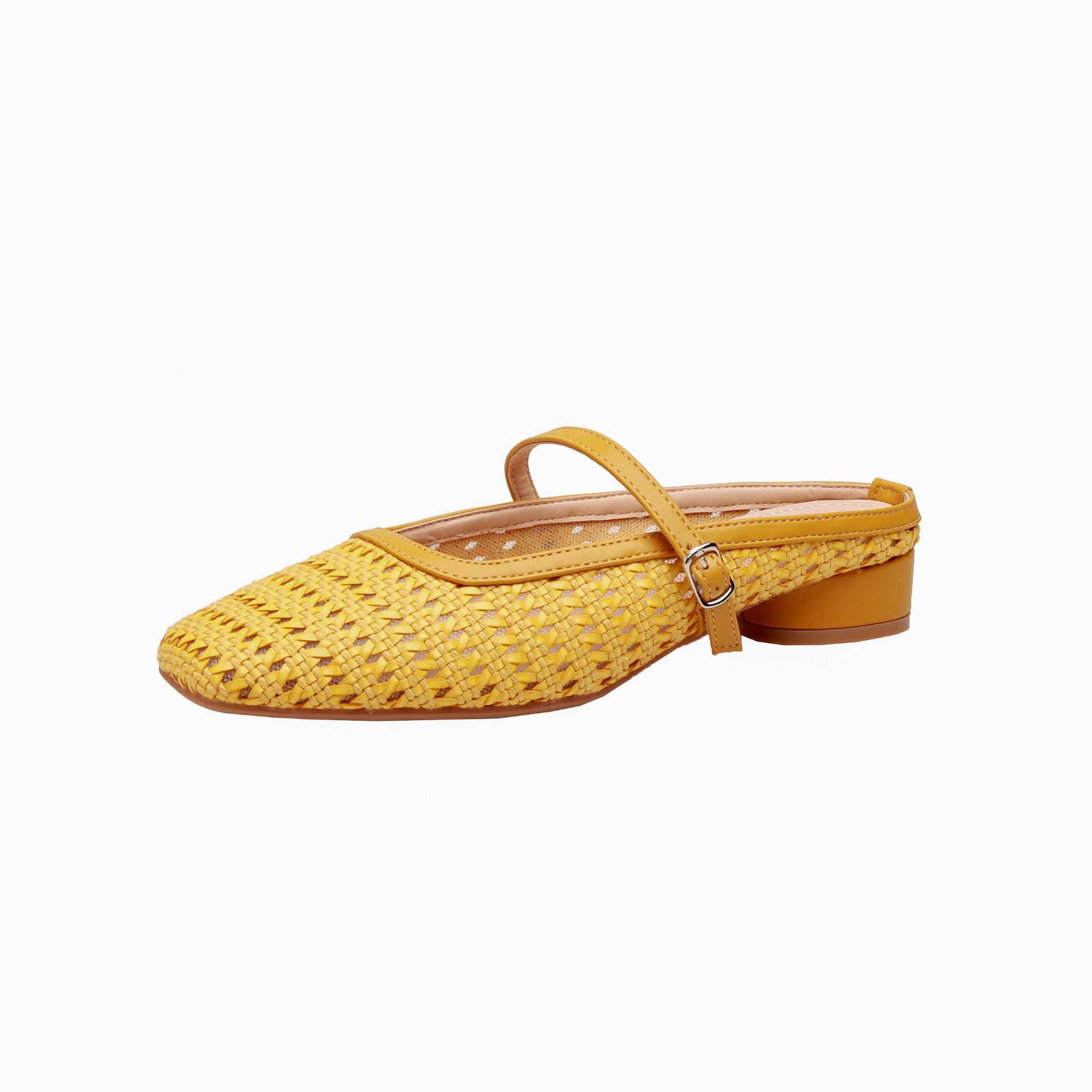 Sandalias Mules de Tacón Ancho de Microfibra Punta Cuadrada Tejida Calada para Uso Diario y Exterior