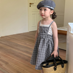 韓國女童套裝夏裝2024新款女寶寶小清新格子吊帶裙背心兩件套夏季