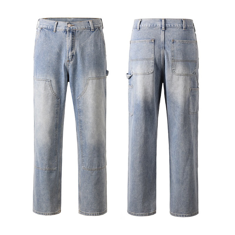 Trendy Brand American Style vintage Heavy Industry Men's High Street Loose Slimming Vibe Jeans Straight Knee Lumber Trousers