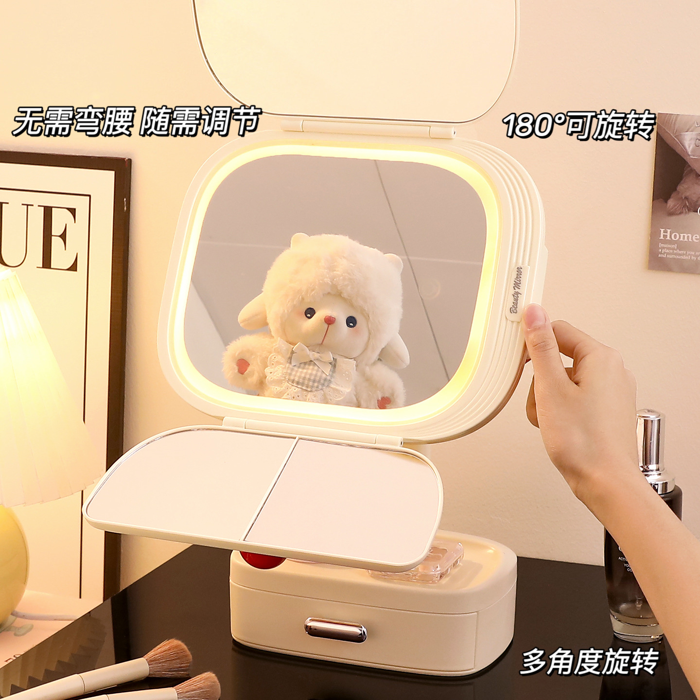 Espejo de maquillaje LED con lámpara dormitorio de estudiantes de escritorio espejo luminoso portátil de lujo alto sentido espejo de tocador
