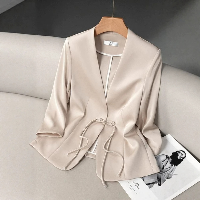 Short Stylish Blazer, Summer 2026 Thin Style, Chinese National Style, Slim Fit for Petite Figures, Champagne Color