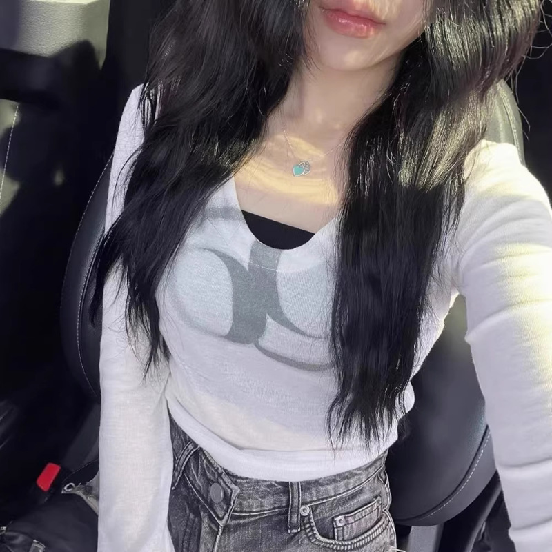 26 Spring and Summer New Style As*N Korean Designer Style Hot Girl Large Neckline Slightly See-Through Short Top Slim Long-Sleeved T-Shirt for Women