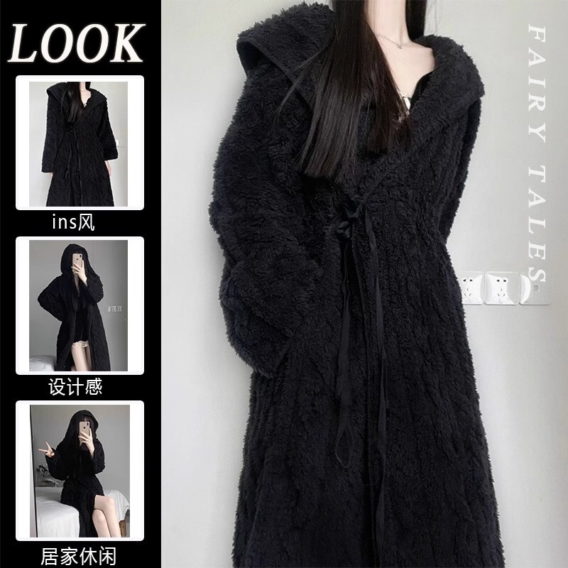 Coral fleece long hooded black nightgown for women autumn and winter new high-grade outerwear women's long-sleeved homewear Coral fleece long hooded black nightgown for women autumn and winter new high-grade outerwear women's long-sleeved homewear