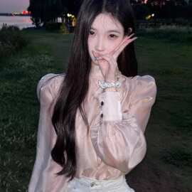 粉色精致高奢气质修欧根纱上衣女早秋舒适大方名媛御姐范显瘦长袖