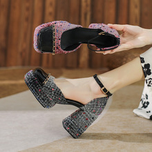 真皮凉鞋小香风包头高跟鞋女气质粗跟欧美一字带圆头单鞋女玛丽珍