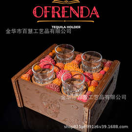 跨境哥特骷髅复古木箱酒杯托盘 派对 shot 杯收纳酒具套装