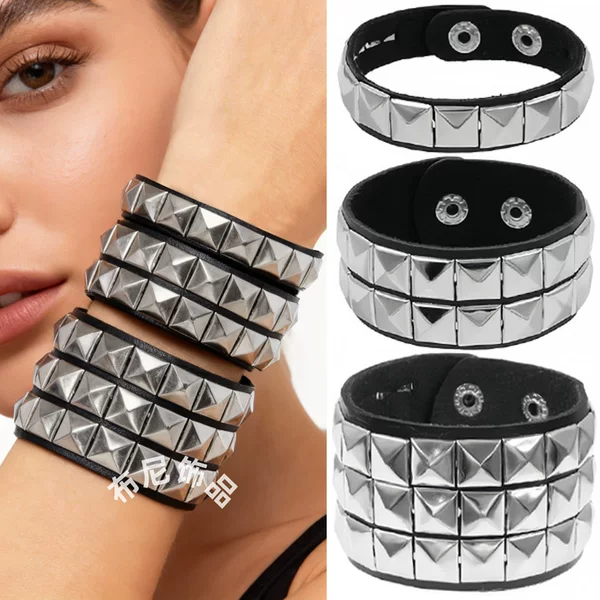 Eco-Friendly Pu Leather Titanium Steel Stainless Steel European and American Fashion Punk Street Style Square Rivet Bracelet Ins Couple Bracelet Bangle