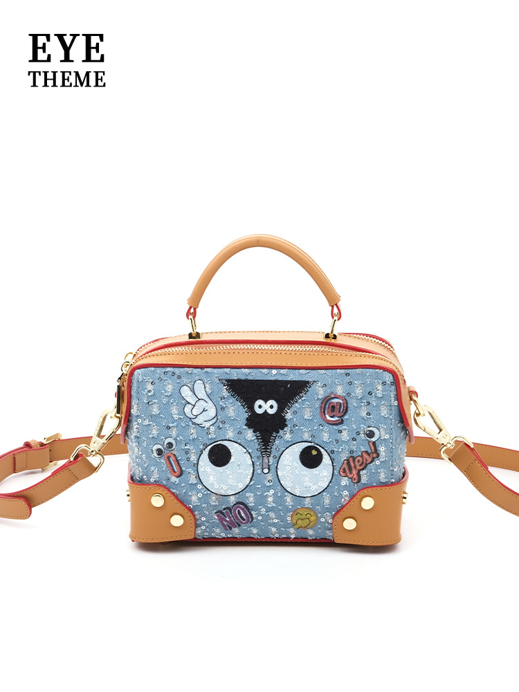 Color contraste de dama lienzo denim bordado bolso de hombro adorable diseño de nicho cremallera inclinada 2705#