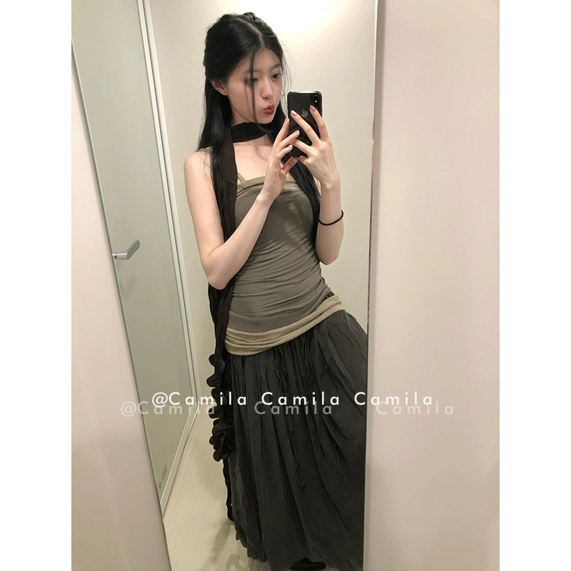 ニッチデザインパッチワークプリーツホットガールチューブトップドレス女性のための 2024 夏 A ラインロングプリーツスカート|undefined
