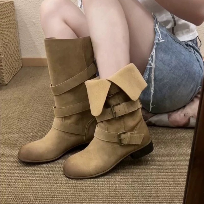 羊皮版~擦色皮带扣圆头马丁靴中筒靴女粗跟翻折两穿西部牛仔靴子|undefined