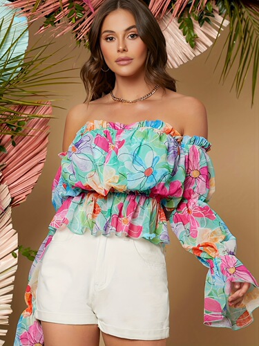 Off Shoulder Blouse with Frill Trim Chiffon Blouse