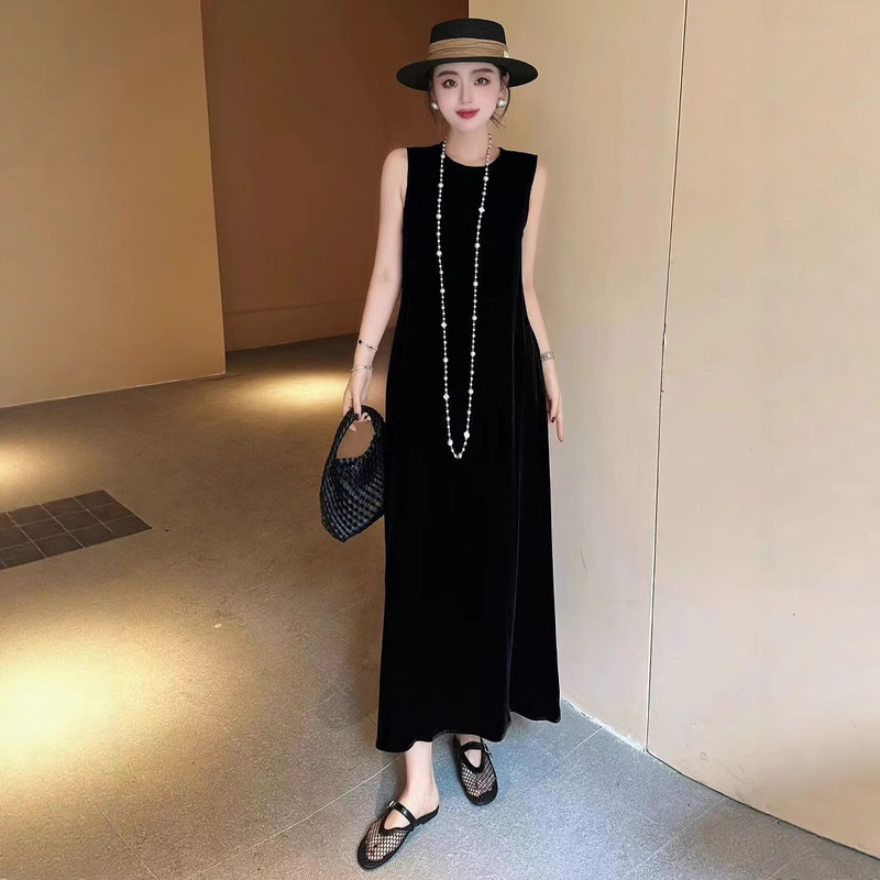 Inaer Long Silk Velvet Sleeveless U-Neck Mulberry Silk Waist Slimming Dress Summer New Style