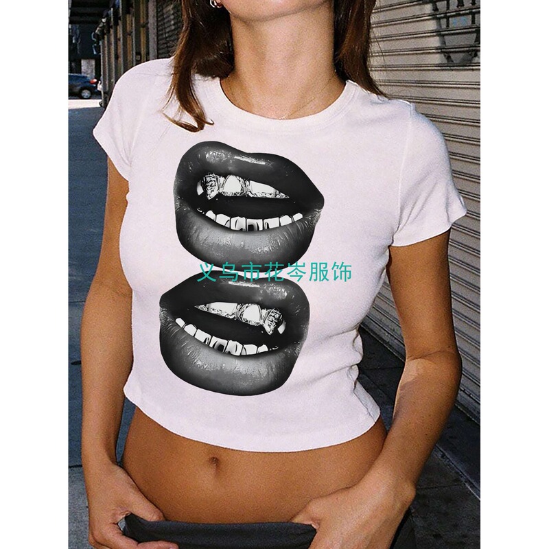 Cross-Border Export Ebay European and American Hot-Selling Women's Summer New Sweet and Spicy Printed T-Shirt Personalized Dark Style Yk Top