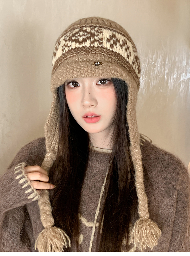 Fair Isle Style Retro Knitted Wool Autumn Winter Fleece Lined Thickened Warm Ear Protection Versatile Large Head_voghion.com