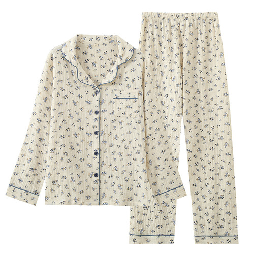 New summer thin pure cotton double-layer gauze lapel women's pajamas spring and autumn floral long-sleeved home wear set