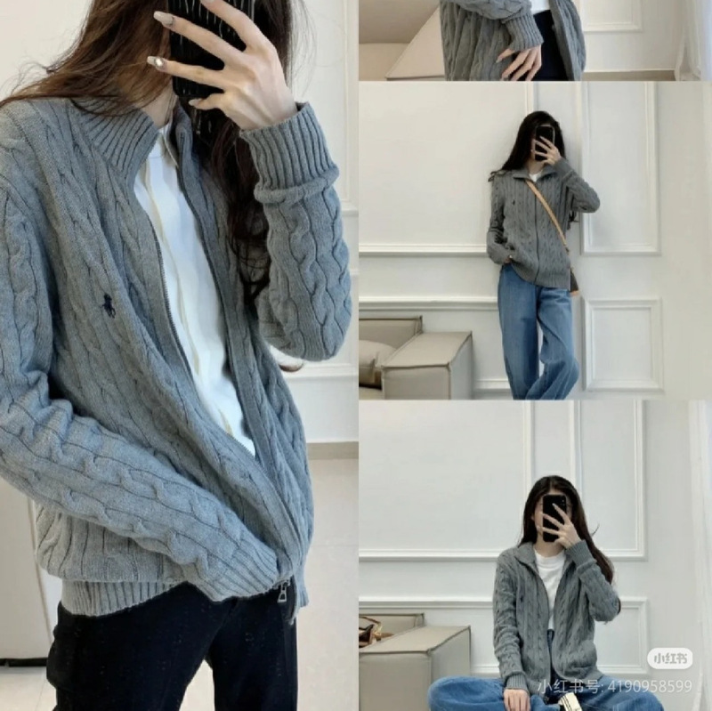 Rl Laff Pony Logo Autumn and Winter Full Zipper Embroidery Warm Twist Cable Knit Sweater Women's Cardigan Men's
