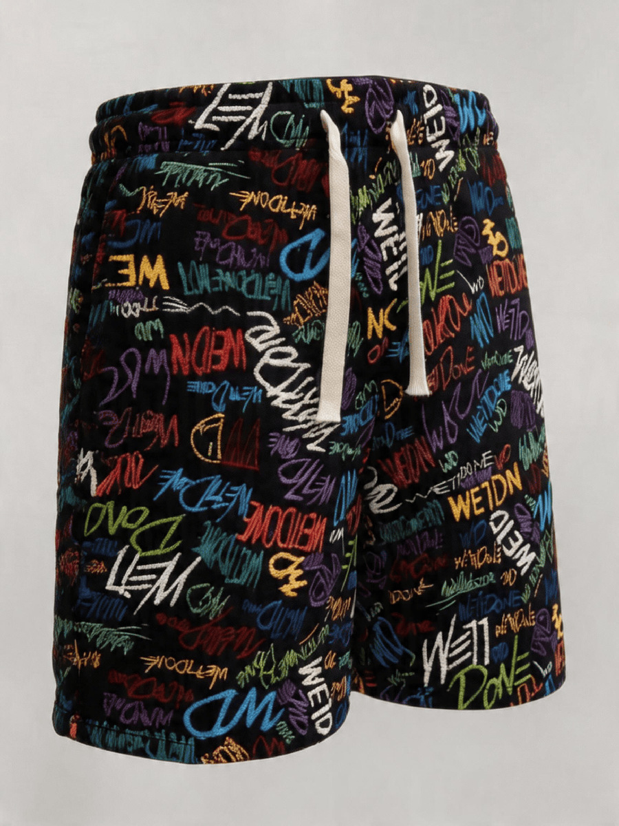 Retro Full Print Graffiti Lettering Men's Summer Shorts, High Street Loose Fit Straight Leg 5-Point Shorts_viptrois.com