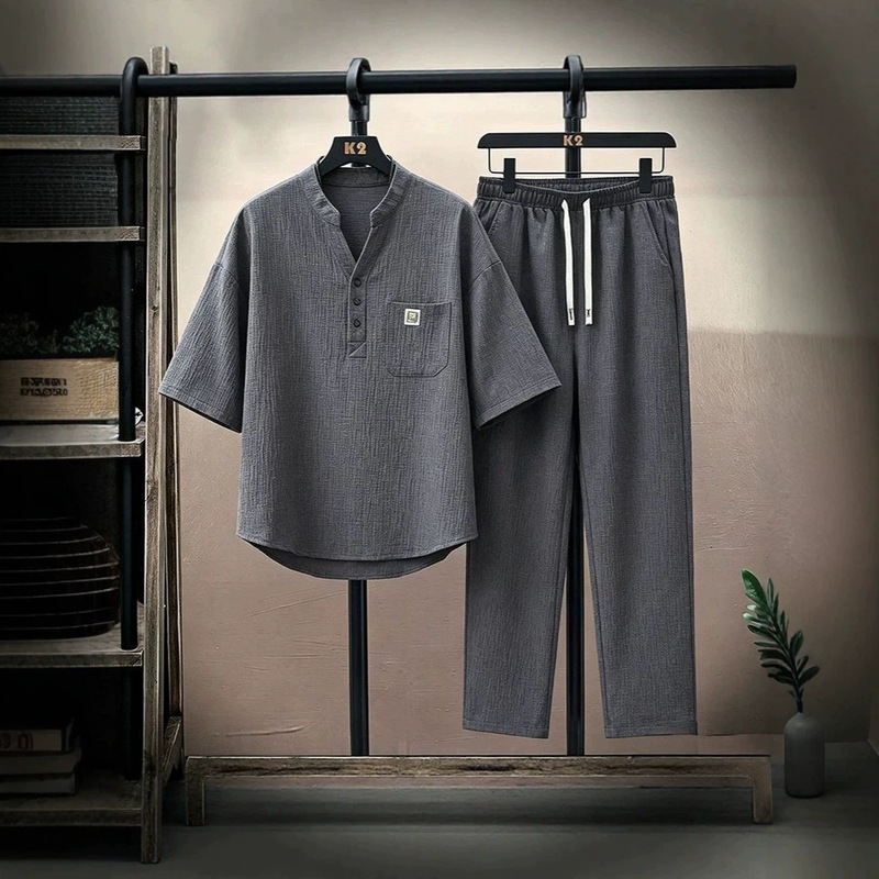Summer Chinese Style Comfortable and Breathable Casual Suit for Men, Versatile Loose Collar Short-Sleeved Elastic Trousers Two-Piece Set