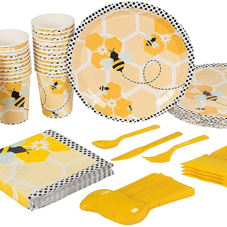 New Bumblebee Little Bee Tableware Party Paper Cup Paper Plate Tablecloth Triangle Knife and Fork Spoon Balloon Birthday Decoration