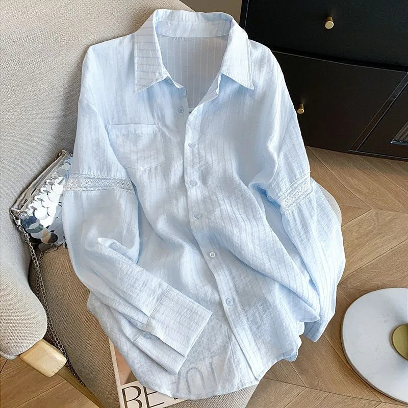 Lace Hollow Lazy Style Loose White Sunscreen Shirt Top Women's Fresh Summer Thin Ice Silk Shirt Jacket Lace Hollow Lazy Style Loose White Sunscreen Shirt Top Women's Fresh Summer Thin Ice Silk Shirt Jacket