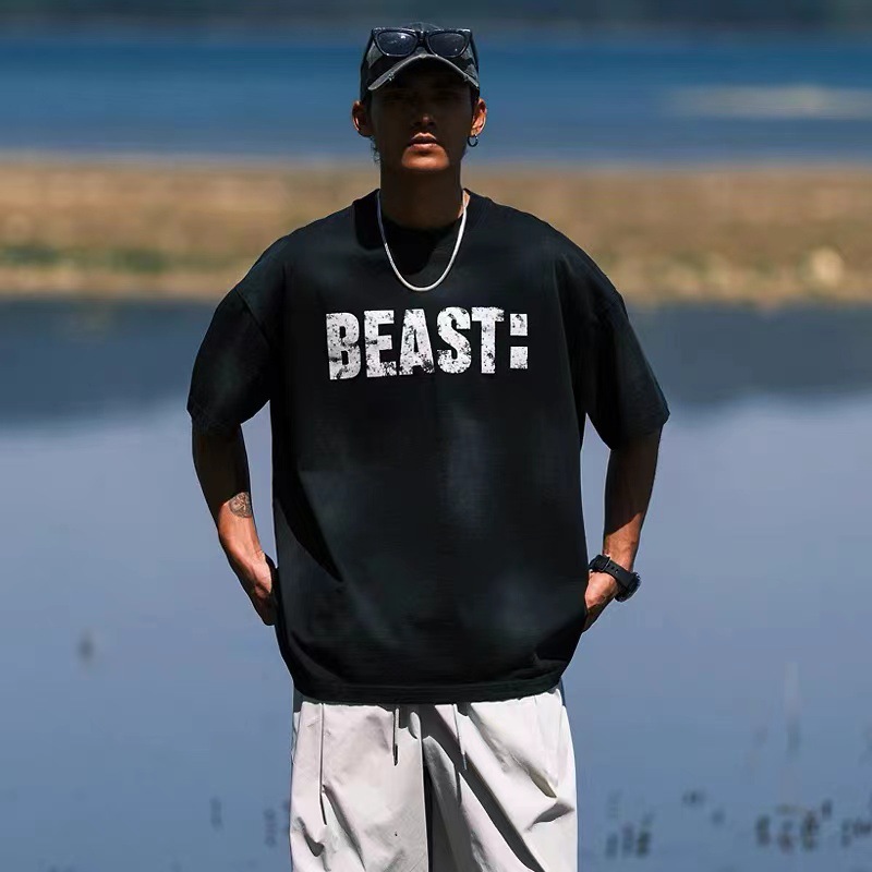 DIY retro spray caballo paseo de agua marca de marea camiseta de manga corta hombre pesado americano suelto pareja de cuello redondo chaqueta