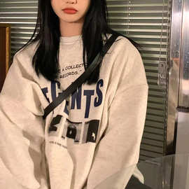 加绒宽松休闲卫衣女秋冬外套古着圆领长袖打底衫上衣外贸韩国女装