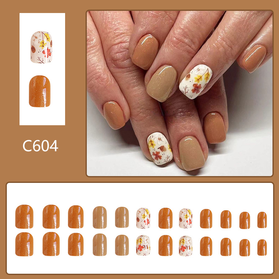 Short Bright Face Square Armor Cute Gentle Floral Solid Color Glitter Gleam Pressing Manicure for Women 24 Pieces_voghion.com