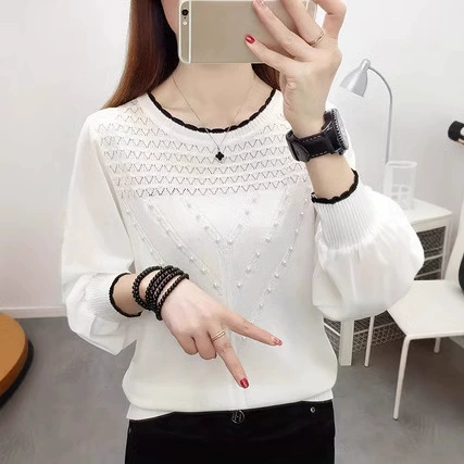 Стильный свитер-топ Amazon, бестселлер для трансграничной торговли, с длинным рукавом, круглым вырезом, облегающий, свободный, трикотажный, с ажурной строчкой