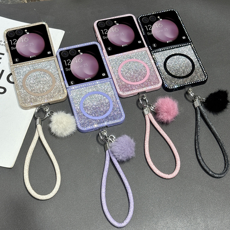Suitable for Samsung Galaxy Z Flip 7 Mobile Phone Case Double-Sided Diamond Glitter Magnetic Hair Ball Bracelet Protective Cover