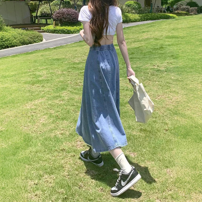 High-Waisted Denim Skirt for Women 2025 Spring and Autumn New Style Slimming Versatile Elastic Waist A-Line Mid-Length Large Hem Umbrella Skirt