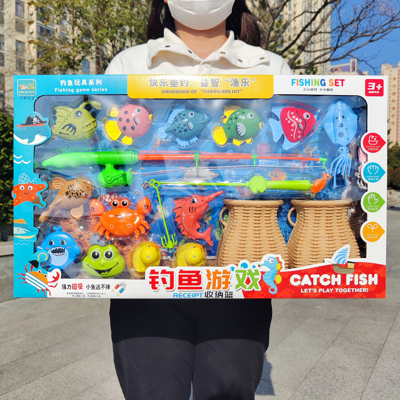 Simulation Fishing Game Storage Basket Boy Educational Ocean Cognitive Magnetic Fishing Rod Children's Toys Stall Wholesale