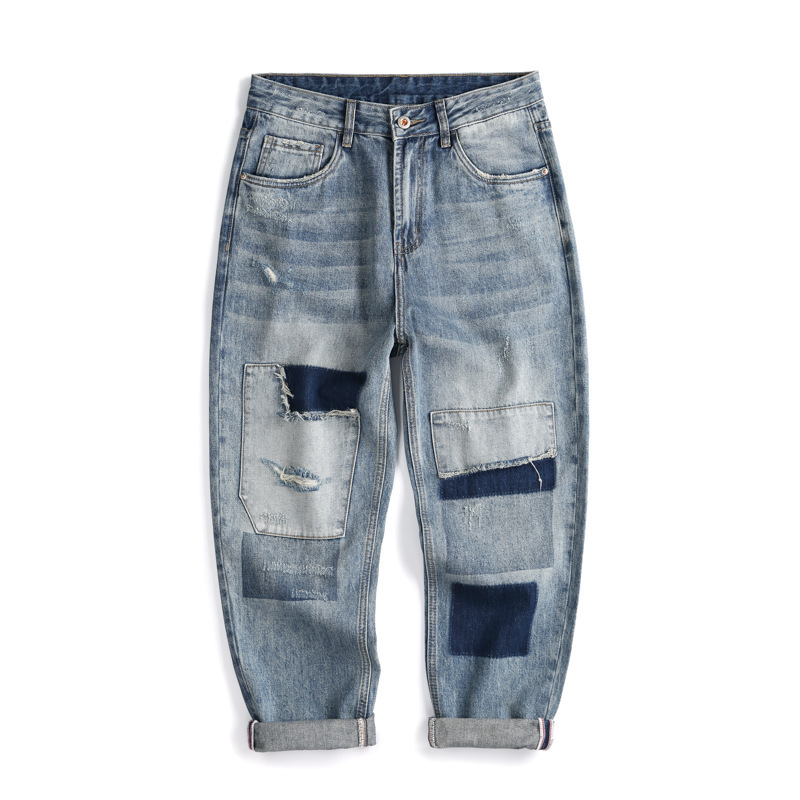 Spring and Summer Retro Trendy Brand Cropped Jeans for Men, High-Quality, Simple, Mid-Waist, Versatile, Loose Fit for Young Men Spring and Summer Retro Trendy Brand Cropped Jeans for Men, High-Quality, Simple, Mid-Waist, Versatile, Loose Fit for Young Men