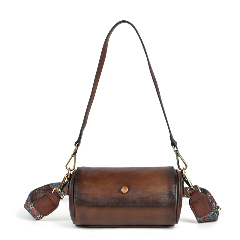 Borsa a tracolla da donna piccola a cilindro in vera pelle con strato superiore in pelle di vacchetta, borsa di nicchia_voghion.com