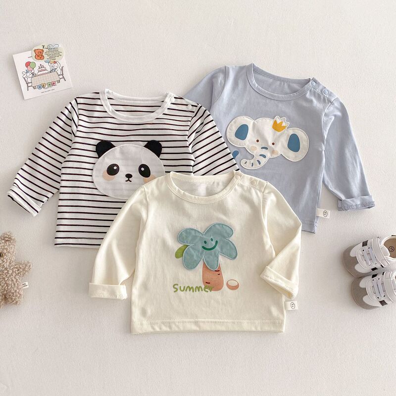 Children's Cartoon T-Shirt Little Left Little Right 0-5 Years Old Boys Korean Style Trendy Patchwork Base Shirt Trendy Baby Spring Top