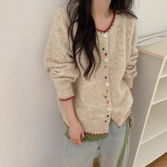 奶fufu设计感彩色纽扣针织开衫女秋季新款宽松慵懒风软糯毛衣外套