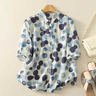 Real Shot of Ready-Made Blue Watercolor Polka Dot Shirt for Women, Loose Shirt, Thin French Fresh Printed Top for Summer