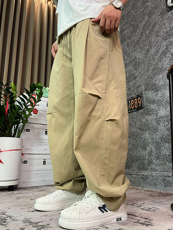 【cityboy】秋季手感棉阔腿工装裤弯刀水洗百搭松紧腰直筒休闲裤|undefined