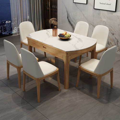 Nordic simple bright slate dining table and chair combination small apartment variable round table household telescopic folding solid wood dining table