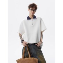 美式半拉链短袖POLO衫男夏季潮牌撞色手缝线T恤高街宽松情侣半袖