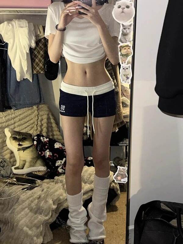 American-Style Spicy Girl Color-Blocked Sports Shorts for Women, New Summer Low-Waist Slim-Fit Outerwear Three-Quarter Hot Pants