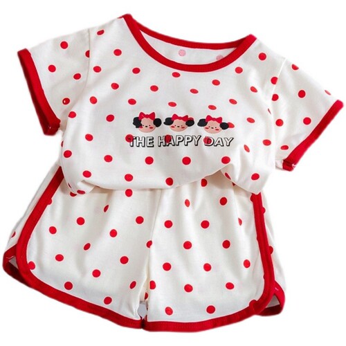Girls casual suit Korean children's clothing summer style baby girl cartoon polka dot print T-shirt pants two-piece set