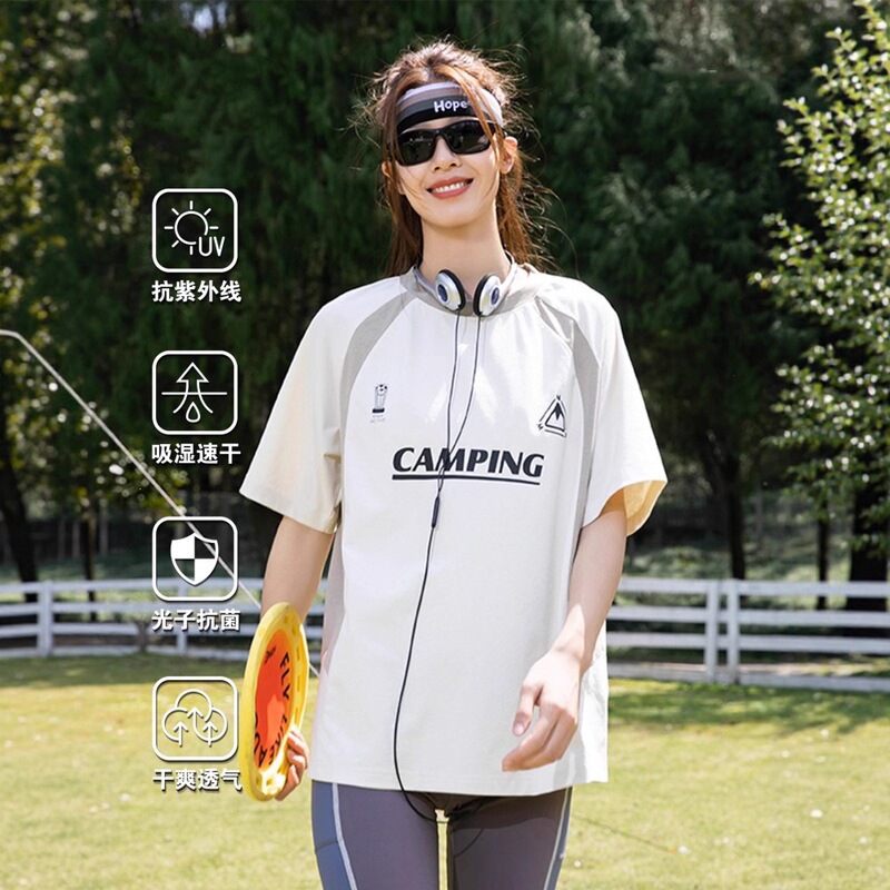 Summer American-Style Sun-Protective T-Shirt with Letter Print and Patchwork Design, Moisture-Wicking Quick-Dry Short-Sleeve Unisex Sports Shirt, Antibacterial