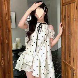 有内里波点裙子泡泡袖复古蝴蝶结法式显瘦小个子连衣裙女