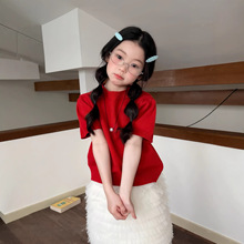 女童红色短袖针织衫夏装 儿童洋气红白撞色网纱蛋糕裙套装