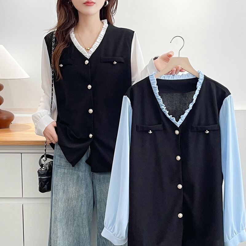 Women's plus-size slimming long-sleeve top, 2025 early autumn new style, stylish for plus-size ladies, with ruffled V-neck and faux two-piece design 2505 Women's plus-size slimming long-sleeve top, 2025 early autumn new style, stylish for plus-size ladies, with ruffled V-neck and faux two-piece design 2505