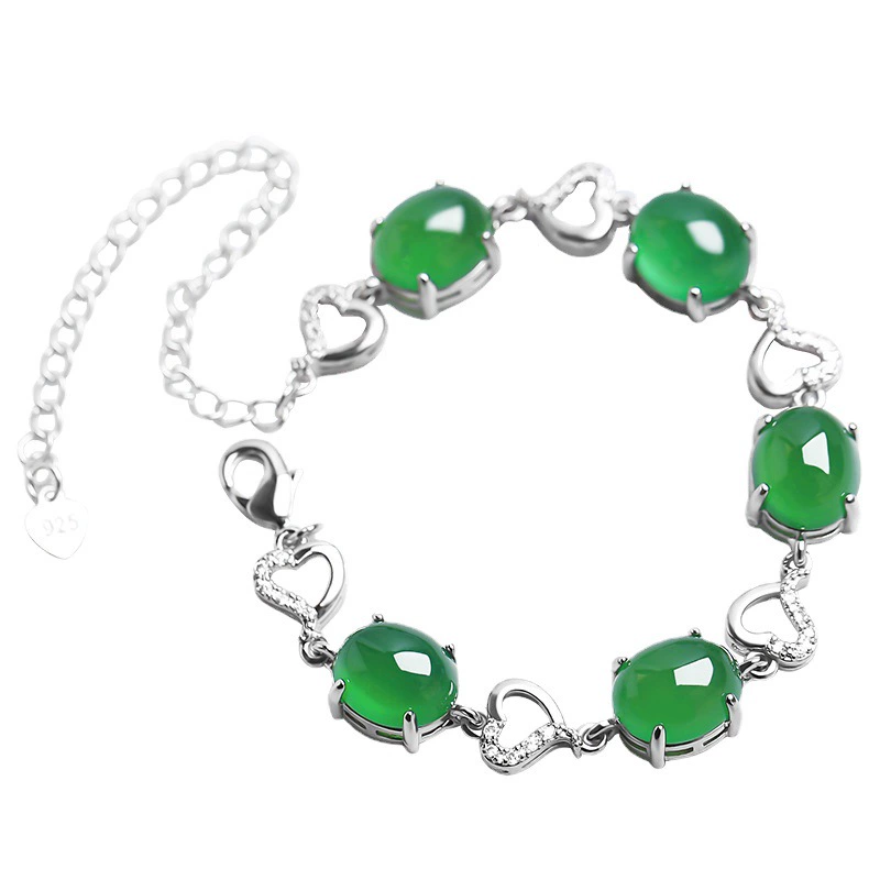 Agate emerald silver bracelet jade, stone inlay, 2021 collection