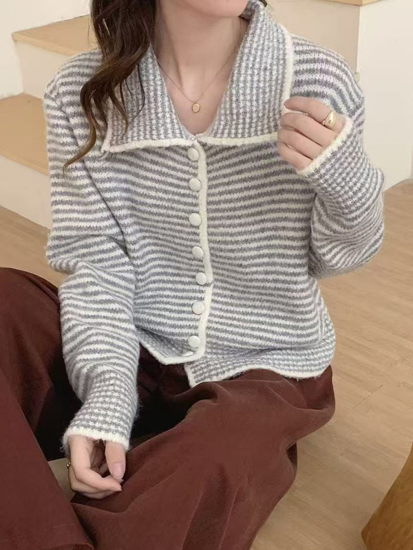 跨境复古条纹翻领毛衣女韩系休闲宽松秋冬新款拼色针织开衫上衣|undefined