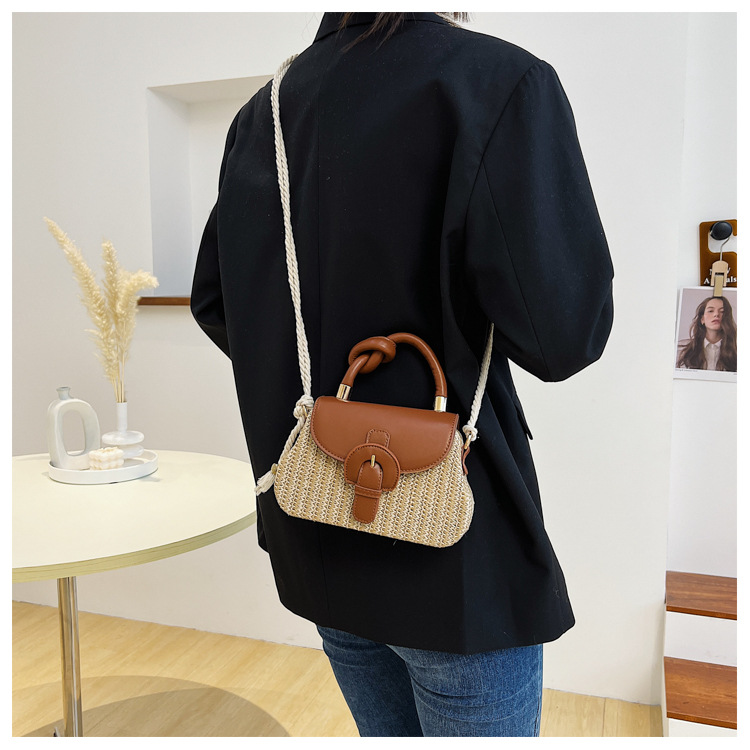 Straw Material Women's Medium Straw Color Block Vacation Beach Weave Square Lock Clasp Straw Bag