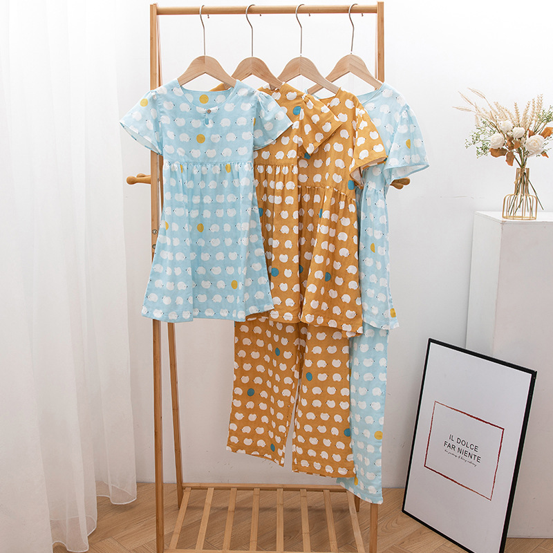 特价春夏纯棉双层纱女士小刺猬可爱短袖7分裤睡衣 家居服套装批发