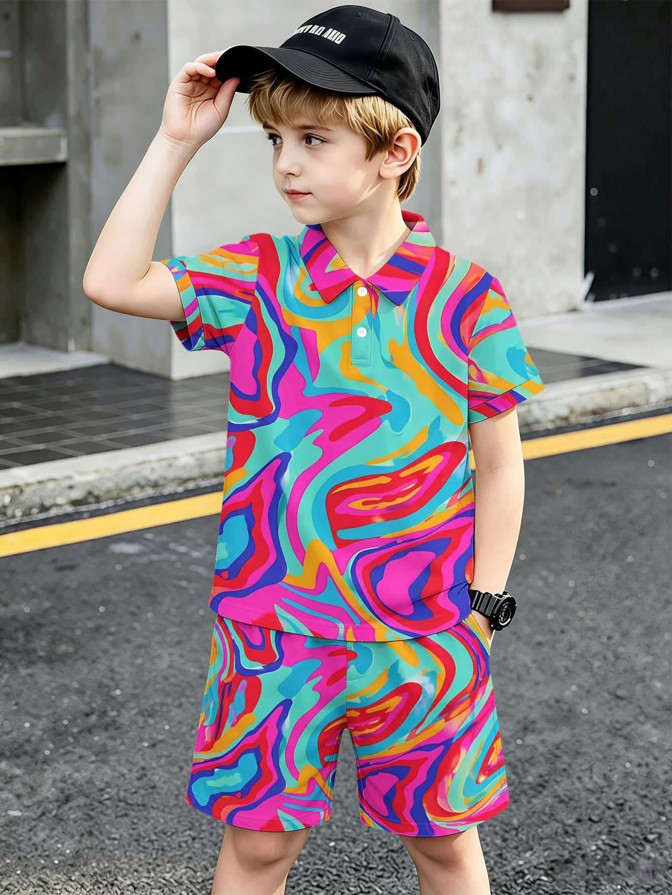 Conjunto de polo e calções para menino com estampado 3d_voghion.com